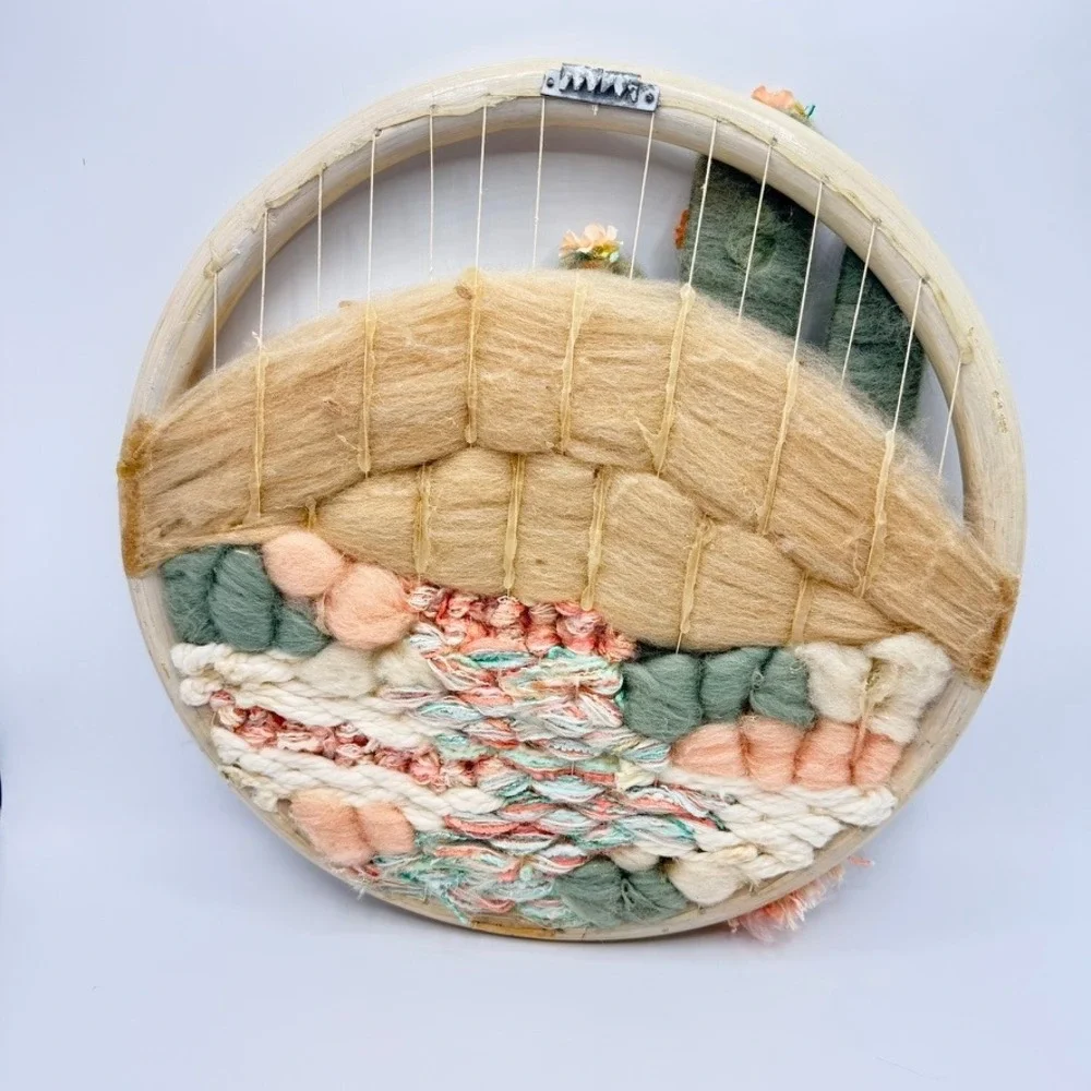 Handmade Woven Cactus‎ Wall Art Fiber Decor Sage Green Peach Desert Hoop Hanging